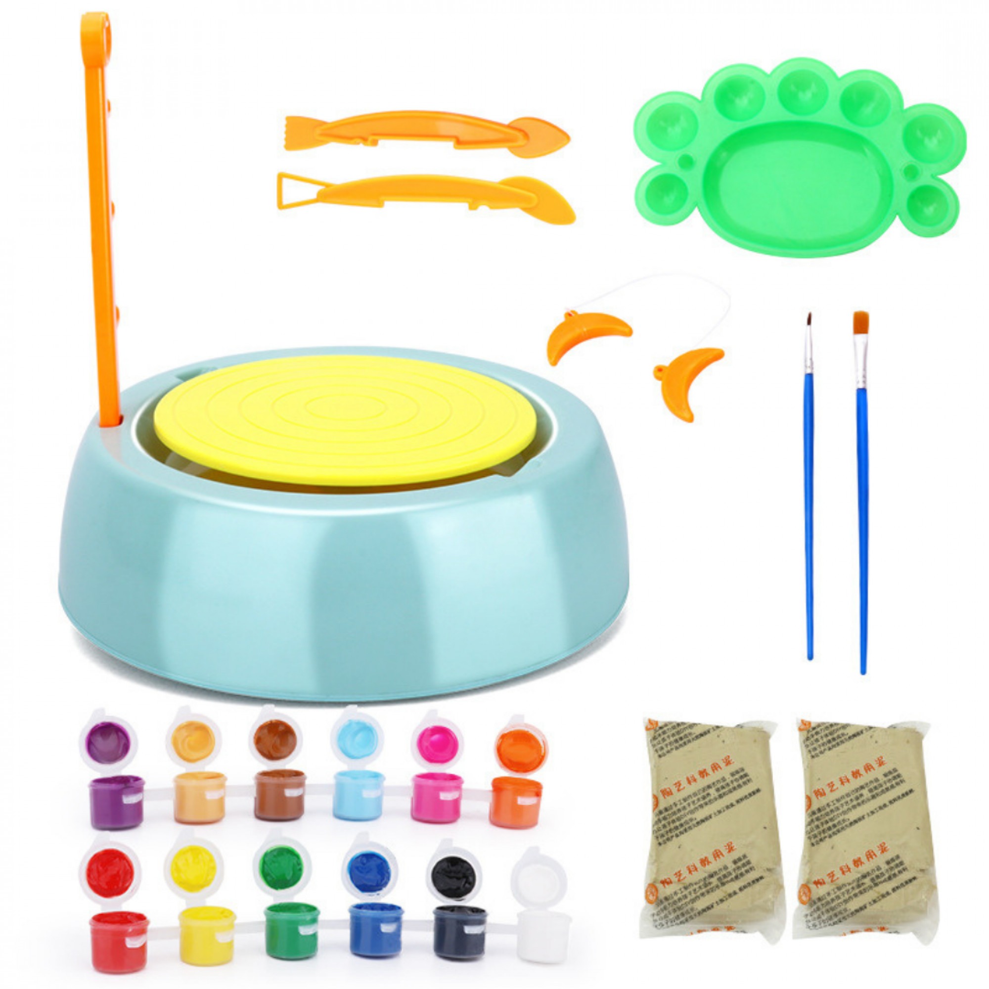 BEGINNERS POTTERY WHEEL KIT FOR KIDS WITH CLAY PAINTS AND TOOLS